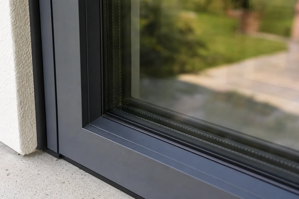 Gros plan sur un double vitrage moderne récemment posé, joint d&rsquo;étanchéité net et reflet du jardin