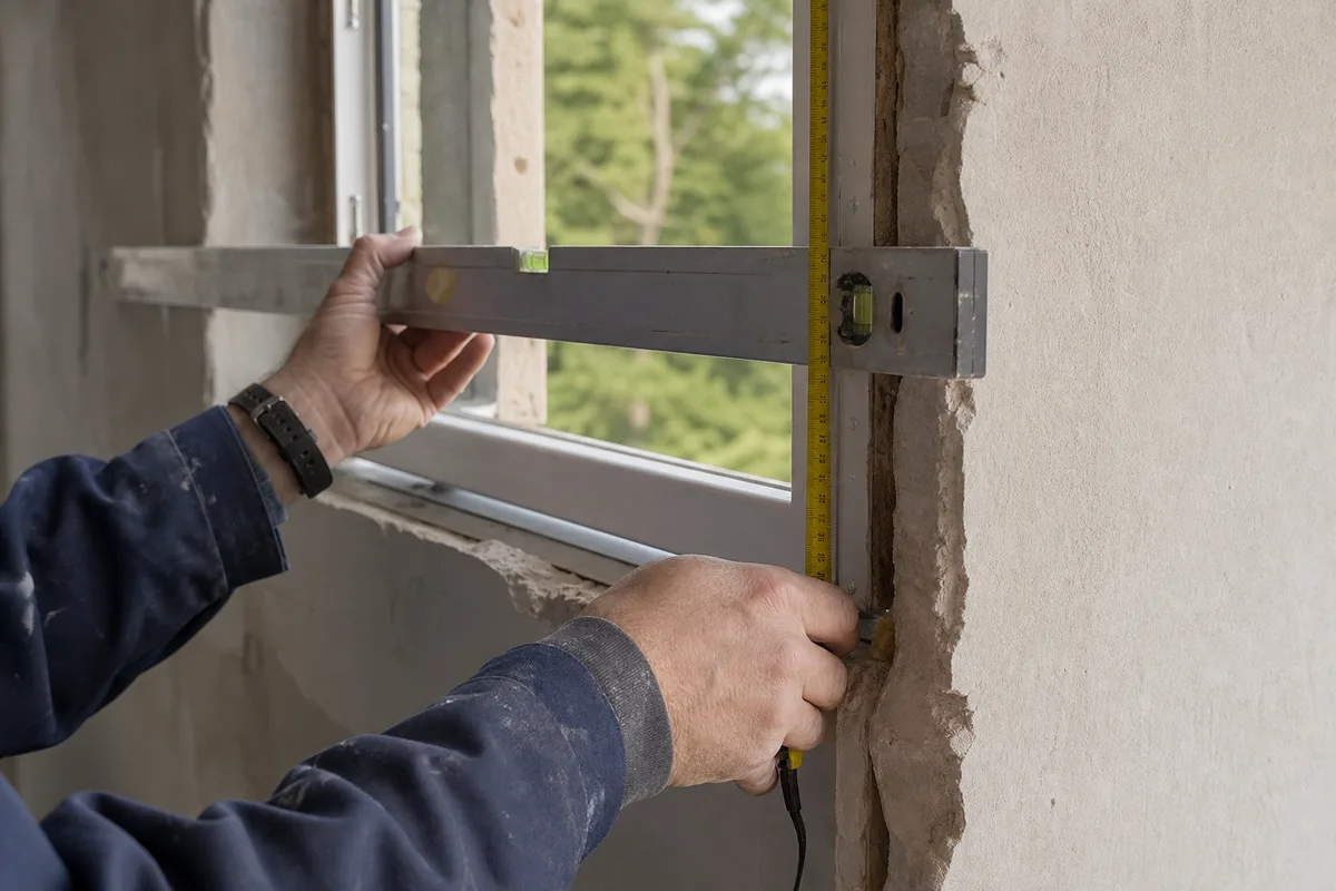 Artisan RGE mesurant l&rsquo;ouverture d&rsquo;une fenêtre en rénovation, mètre et niveau à la main