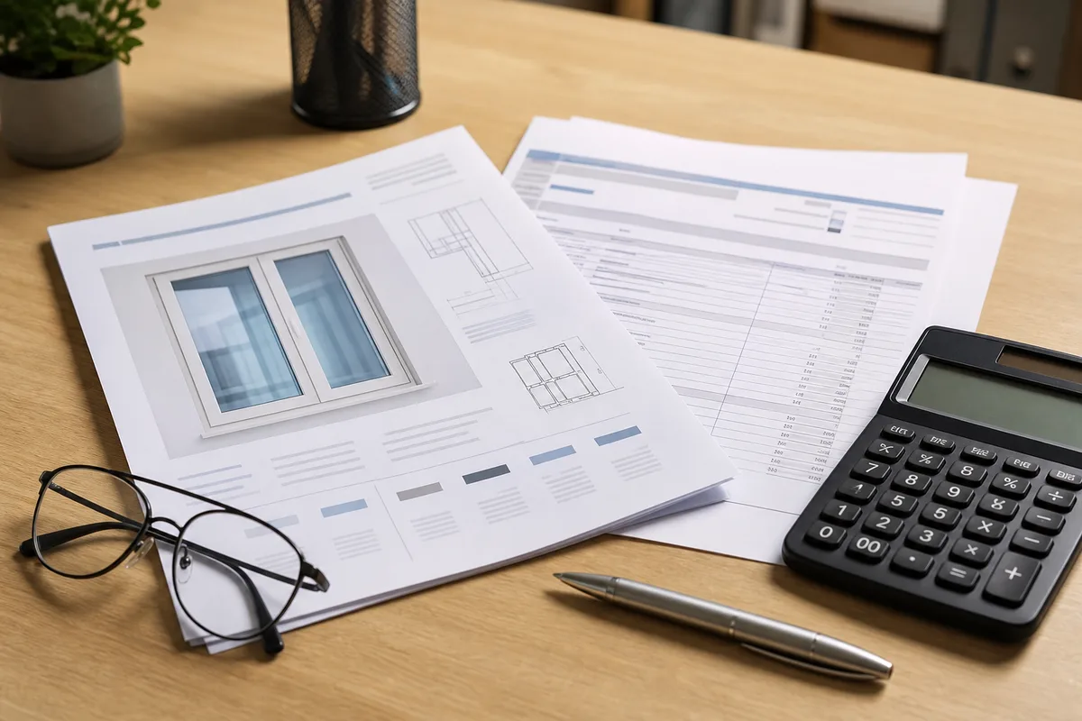 Fiche technique d&rsquo;une fenêtre, devis et calculatrice sur une table, coefficient thermique lisible