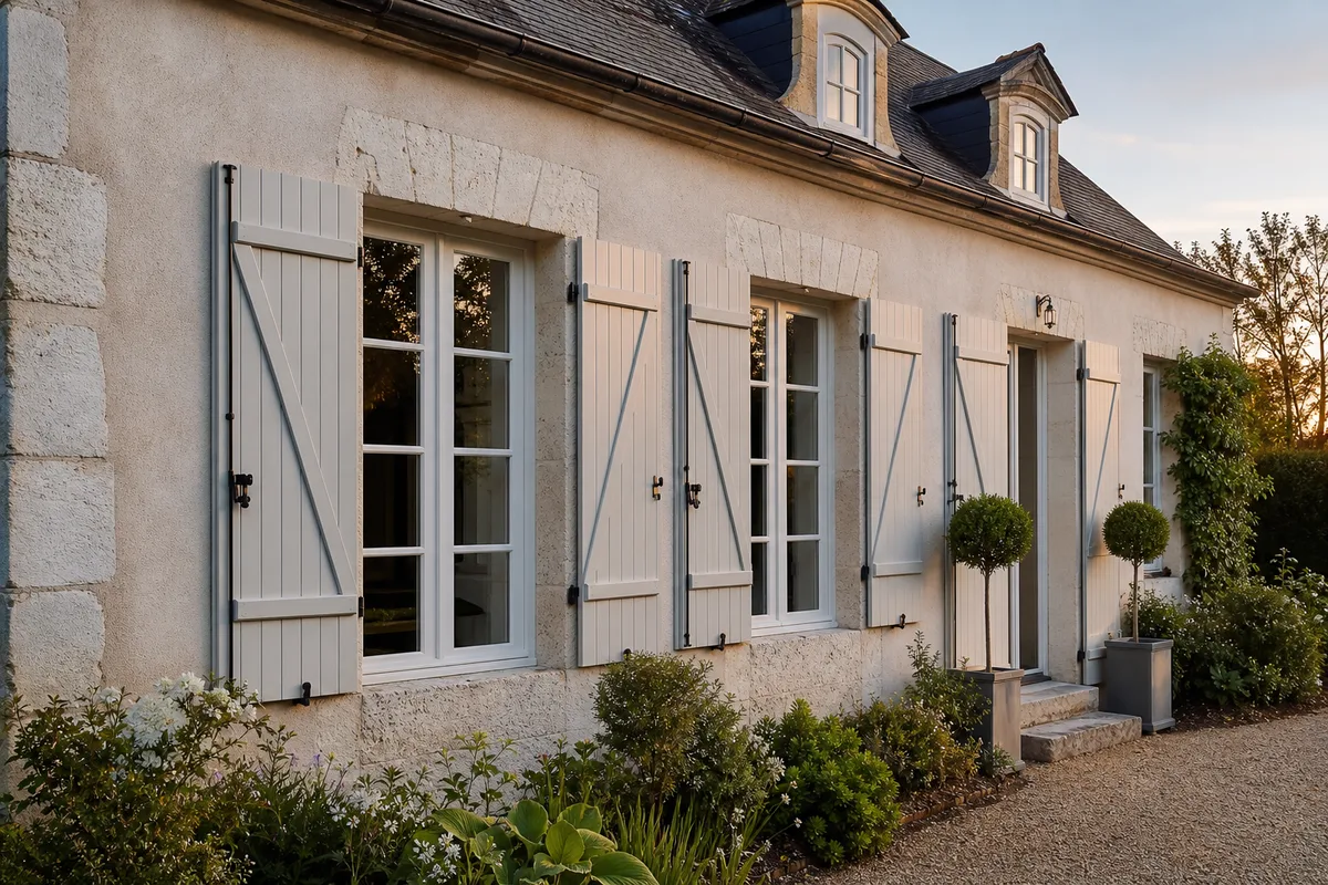 Menuiseries extérieures rénovées sur une maison de caractère, fenêtres bois repeintes et volets neufs