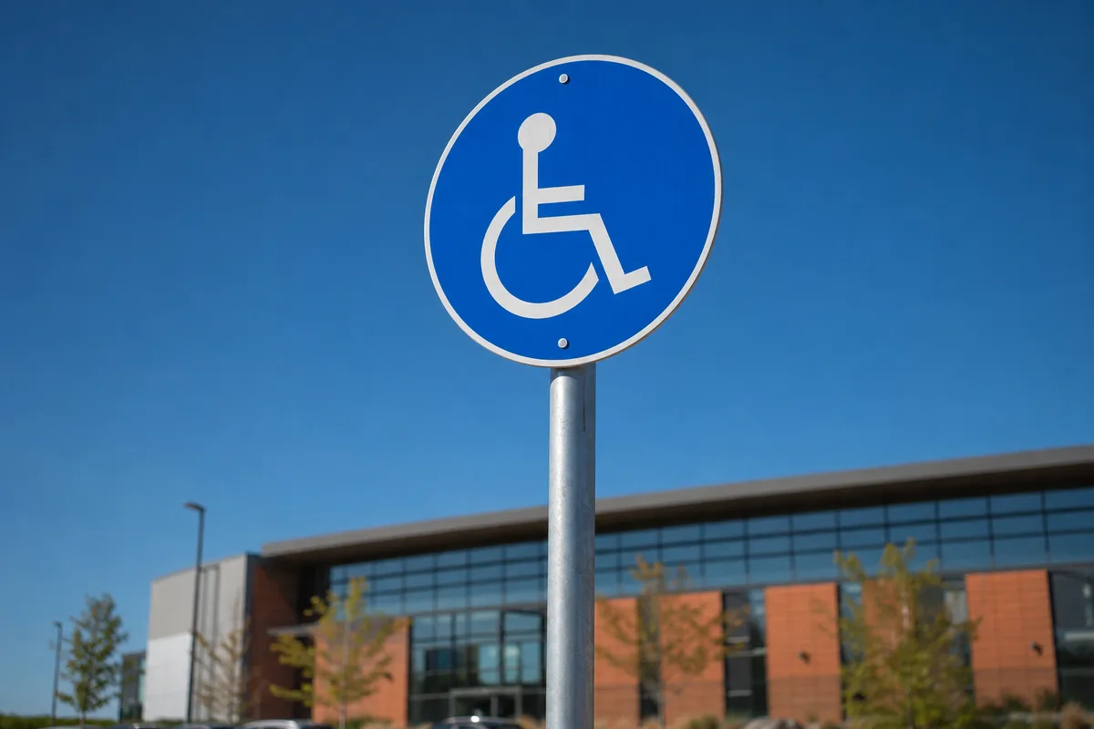 Panneau vertical rond bleu B6d avec pictogramme handicapé installé en tête d&rsquo;une place de parking, ciel dégagé en arrière-plan