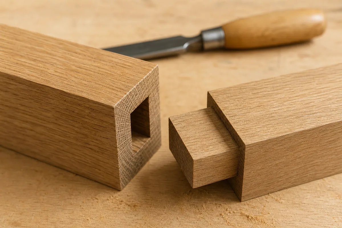Assemblage tenon et mortaise en chêne présenté sur un établi de menuisier
