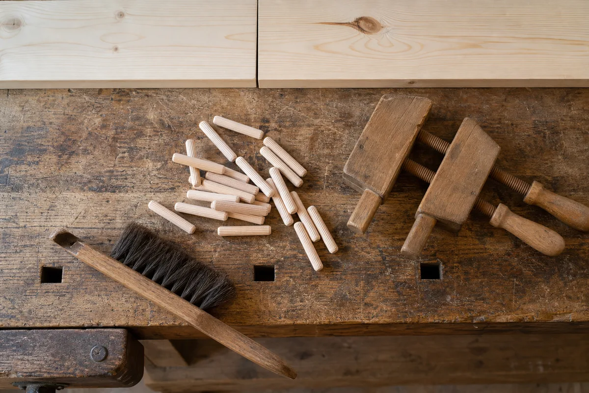 Chevilles de bois cannelées et serre-joints en bois posés sur un établi d&rsquo;atelier