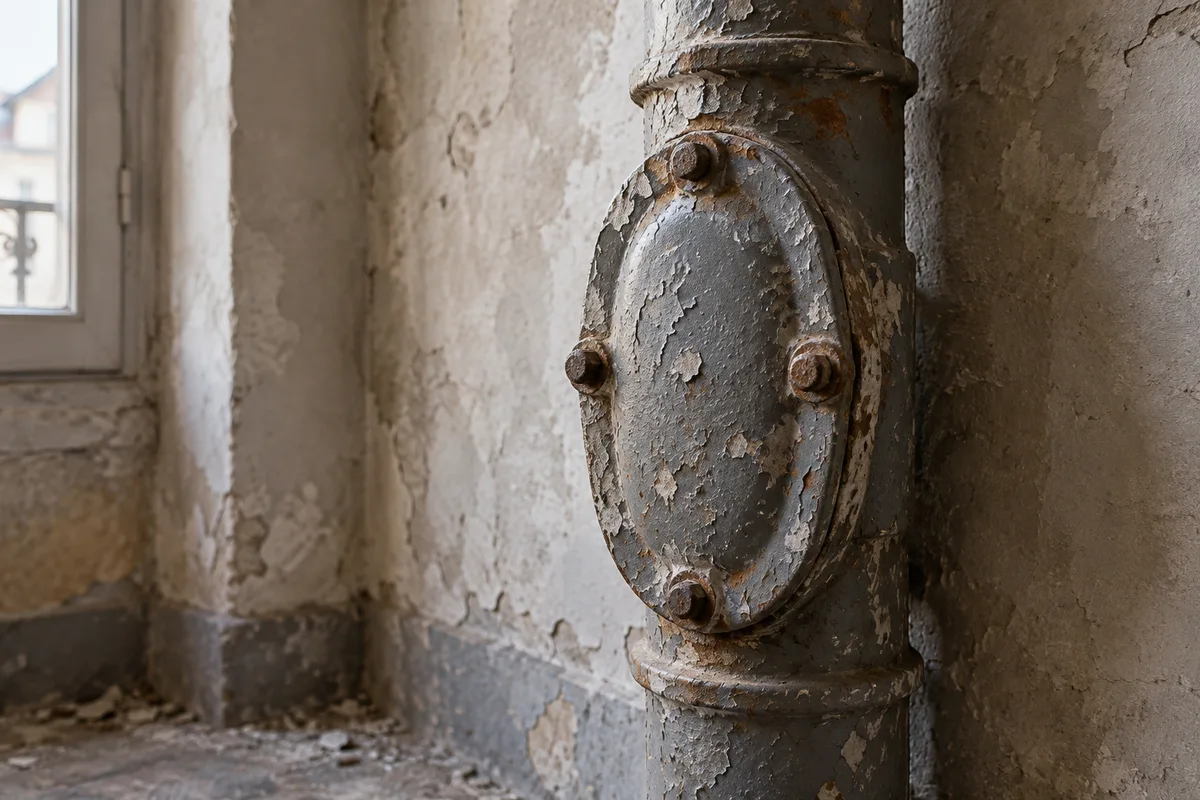 Tampon de dégorgement en fonte boulonné sur une colonne d&rsquo;évacuation d&rsquo;immeuble ancien