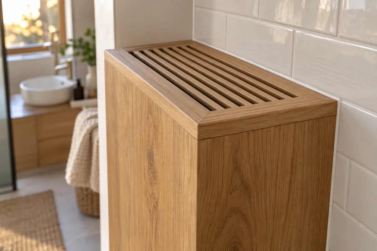 Grille de ventilation en bois ajouré en haut d&rsquo;un coffrage huilé, joint souple en périphérie