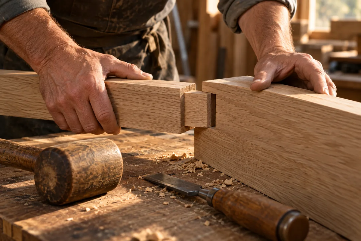Mains ajustant un tenon dans une mortaise sur un cadre de porte en chêne, ciseau à bois posé à côté