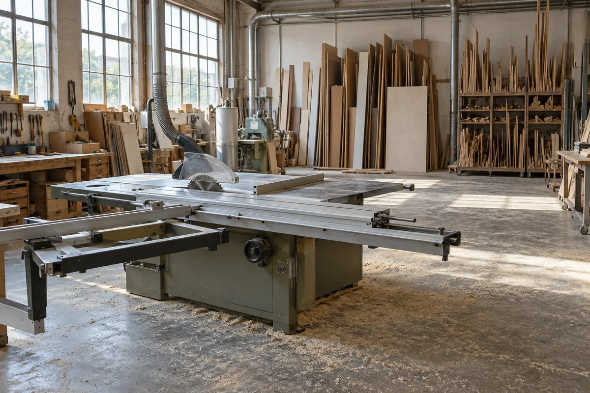 Atelier de menuiserie avec une scie à format et des panneaux empilés, sol couvert de sciure