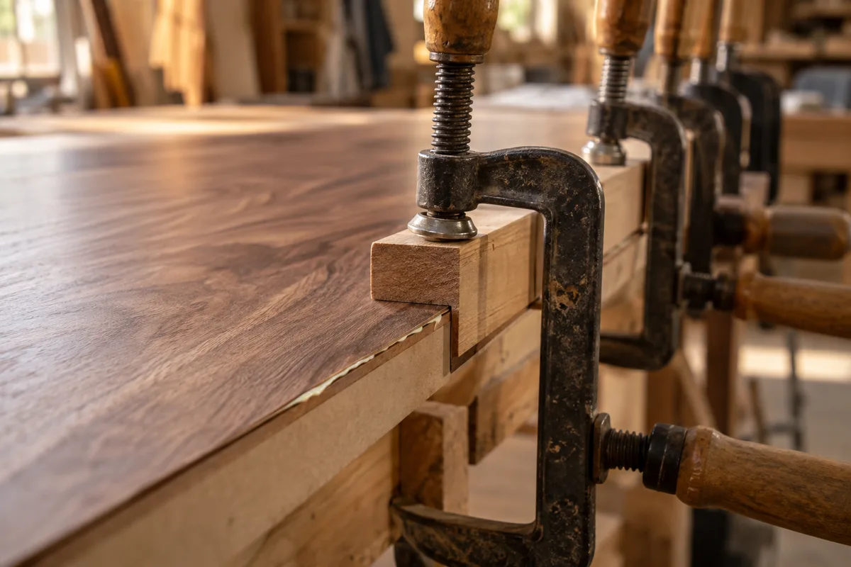 Détail de placage de noyer pressé sous des serre-joints sur un bord de plateau