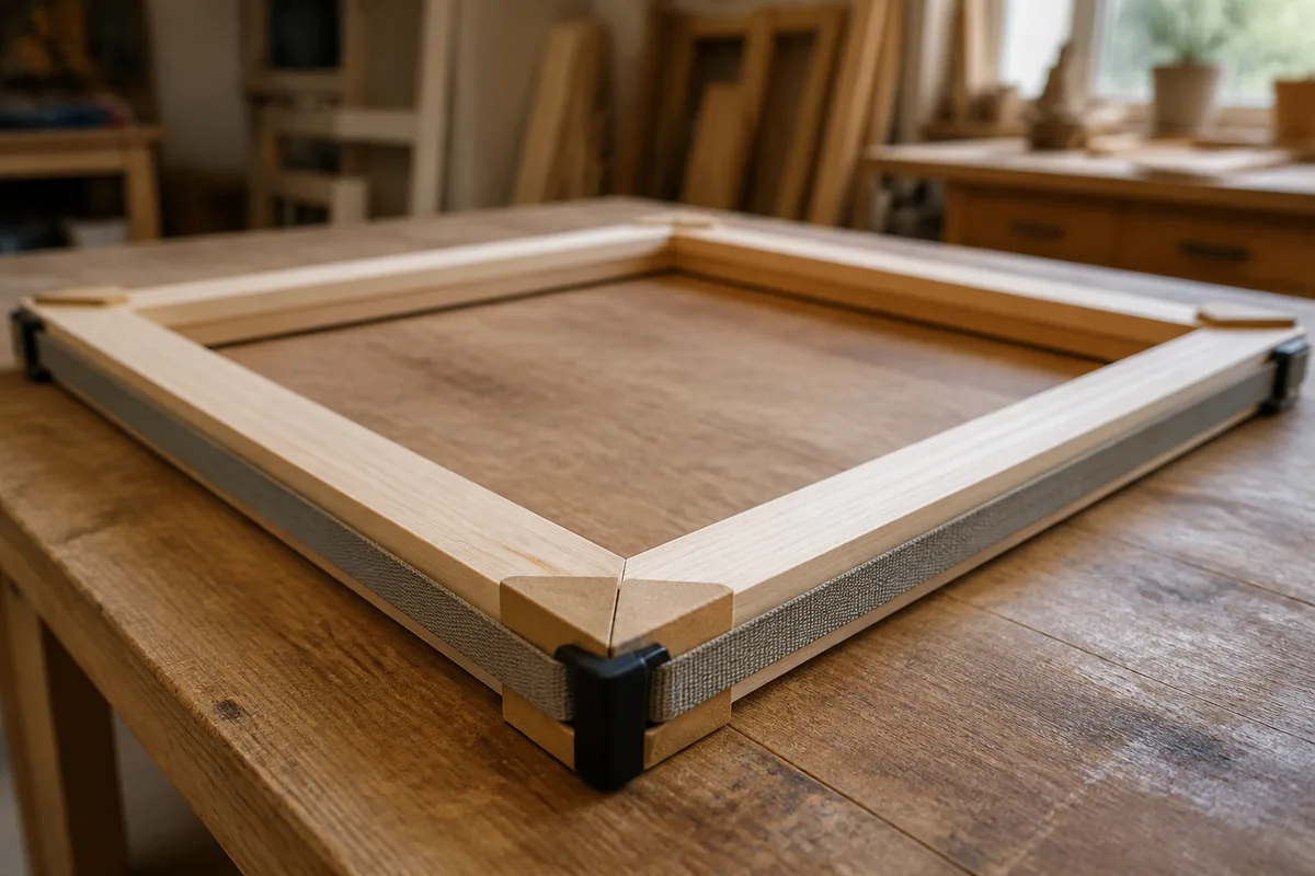 Cadre en bois assemblé posé à plat, serre-joints à sangle en place pendant le séchage de la colle