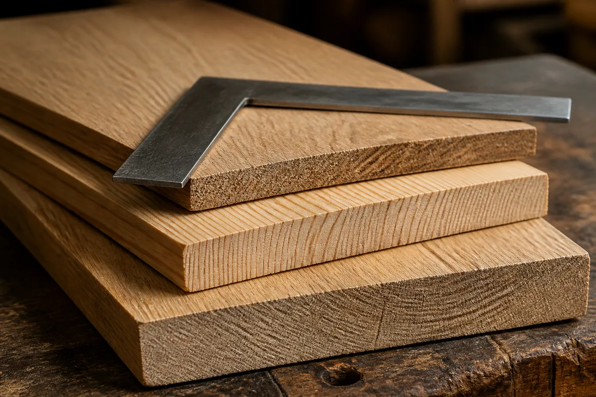 Trois plateaux de bois massif d’épaisseurs différentes posés côte à côte sur un établi d’atelier
