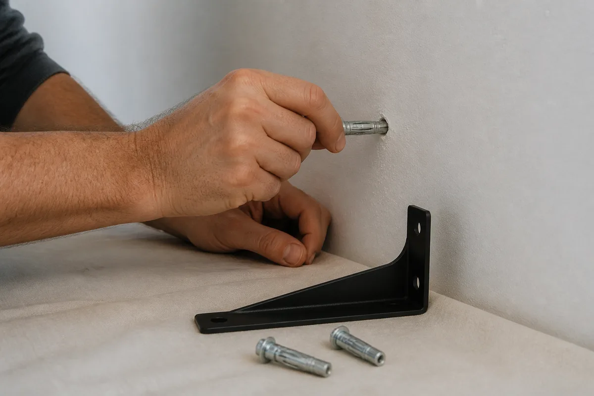 Mains insérant une cheville métallique à expansion dans un mur intérieur fraîchement percé