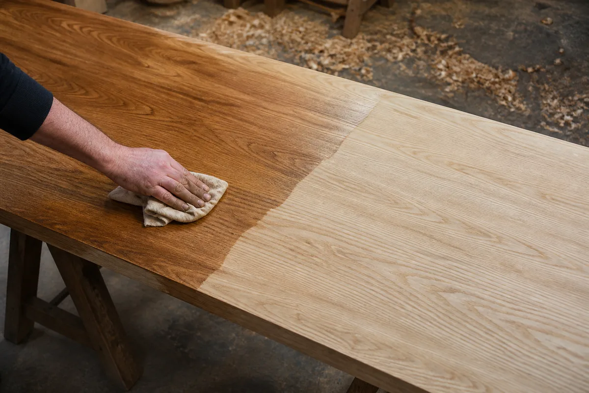 Main appliquant une huile incolore au chiffon sur un large plateau de bois clair posé sur des tréteaux