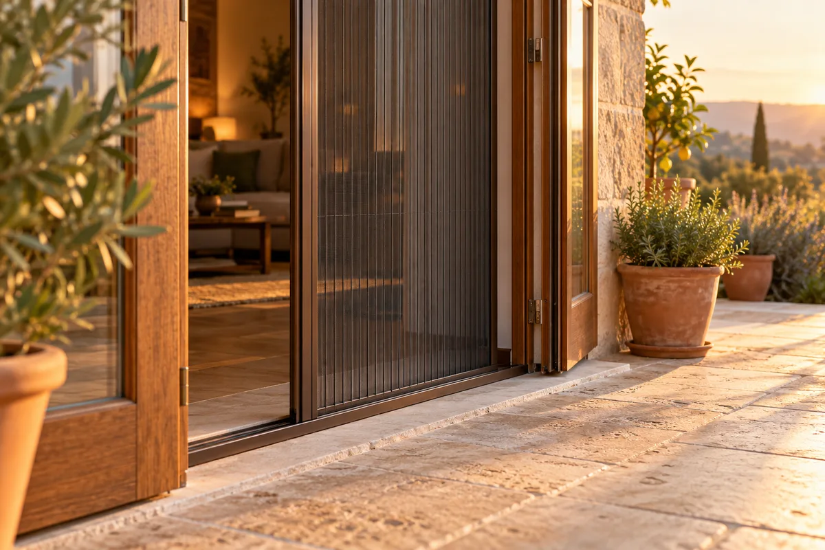 Porte-fenêtre en bois ouverte sur une terrasse, moustiquaire plissée anthracite à demi tirée