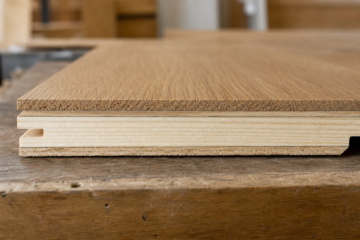 Coupe transversale d&rsquo;une lame de parquet contrecollé montrant le fin parement noble collé sur une âme en bois tendre