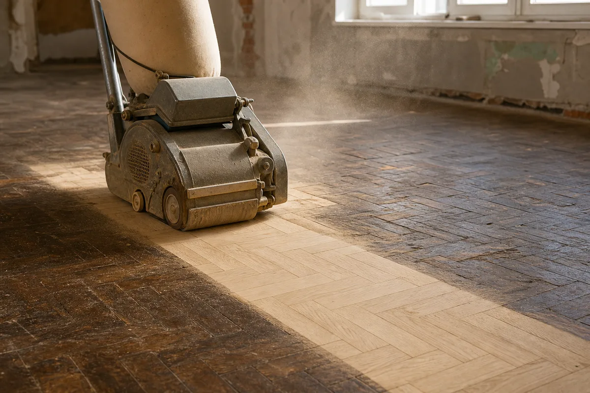 Ponçage d&rsquo;un parquet massif ancien à la ponceuse à bande révélant le bois clair sous la patine