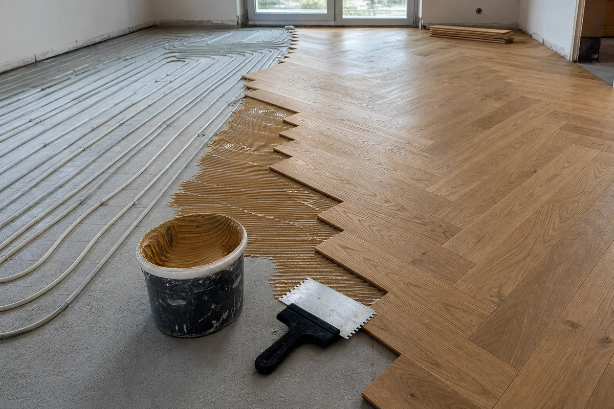 Pose collée de lames de parquet contrecollé au-dessus d&rsquo;un plancher chauffant sur chape