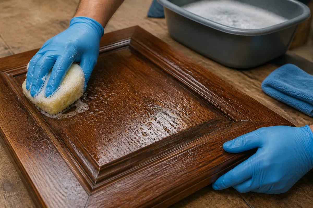 Mains gantées lessivant une porte de meuble en bois posée à plat sur un établi