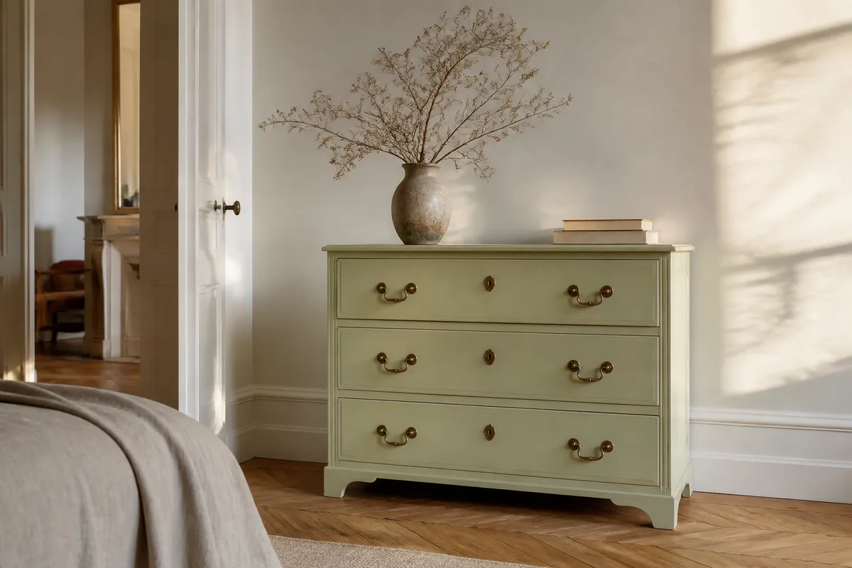 Commode en bois repeinte en teinte claire dans un interieur, quincaillerie remontee