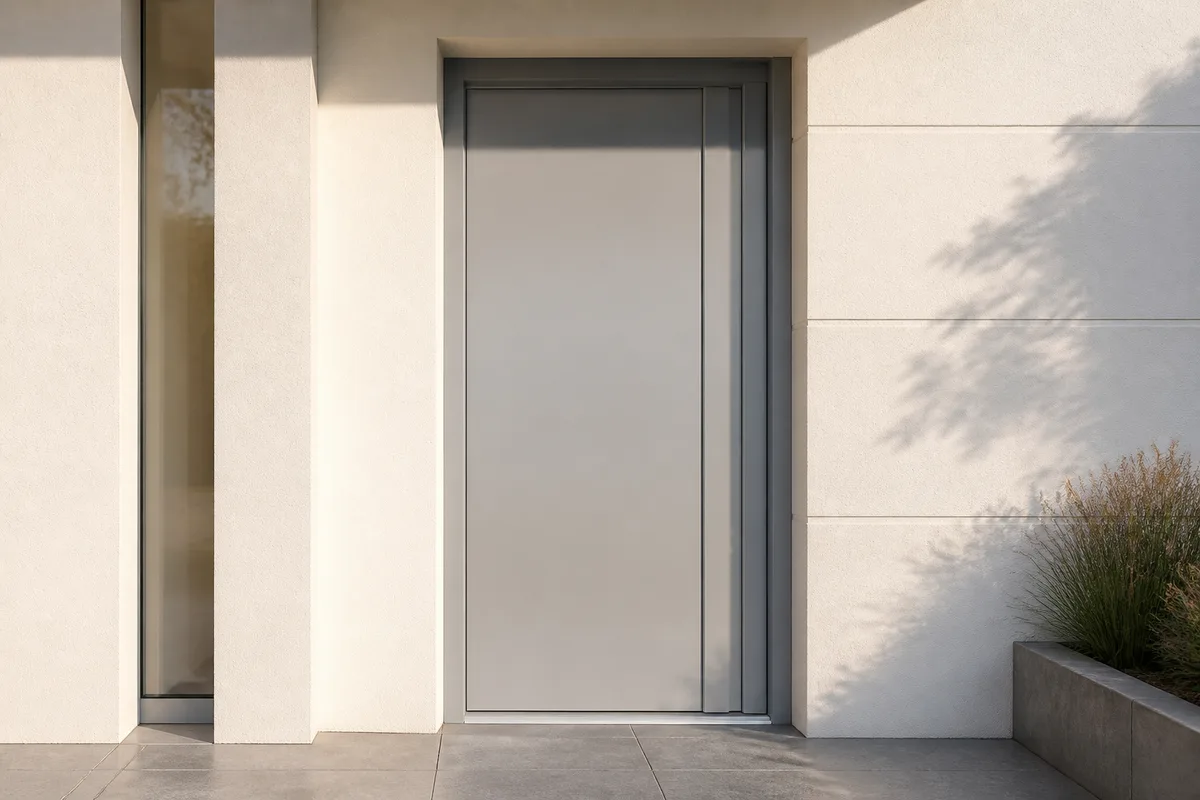 Porte d&rsquo;entrée en aluminium gris clair sur une façade contemporaine, lumière de matinée sur le panneau