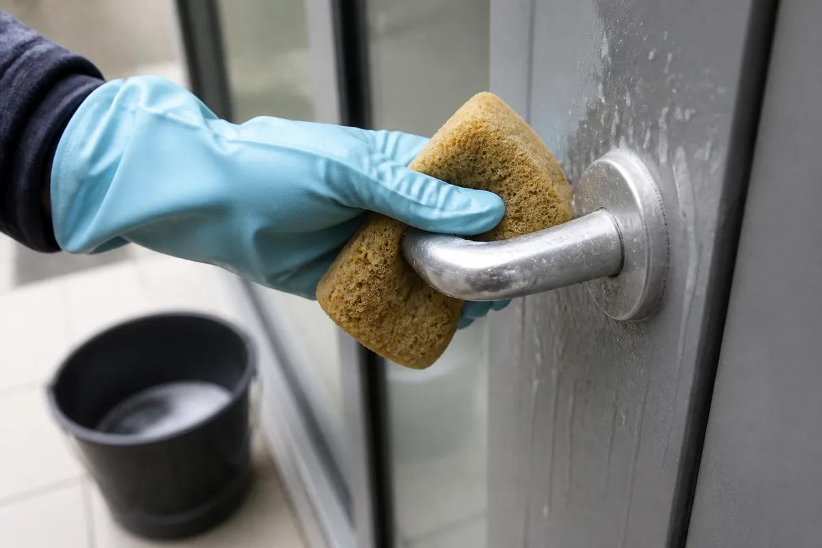 Nettoyage d&rsquo;une porte d&rsquo;entrée en aluminium avec une éponge douce et de l&rsquo;eau savonneuse, gros plan sur la poignée