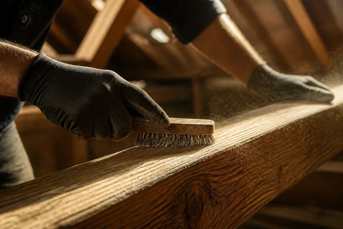 Mains gantées brossant une poutre de charpente à la brosse métallique