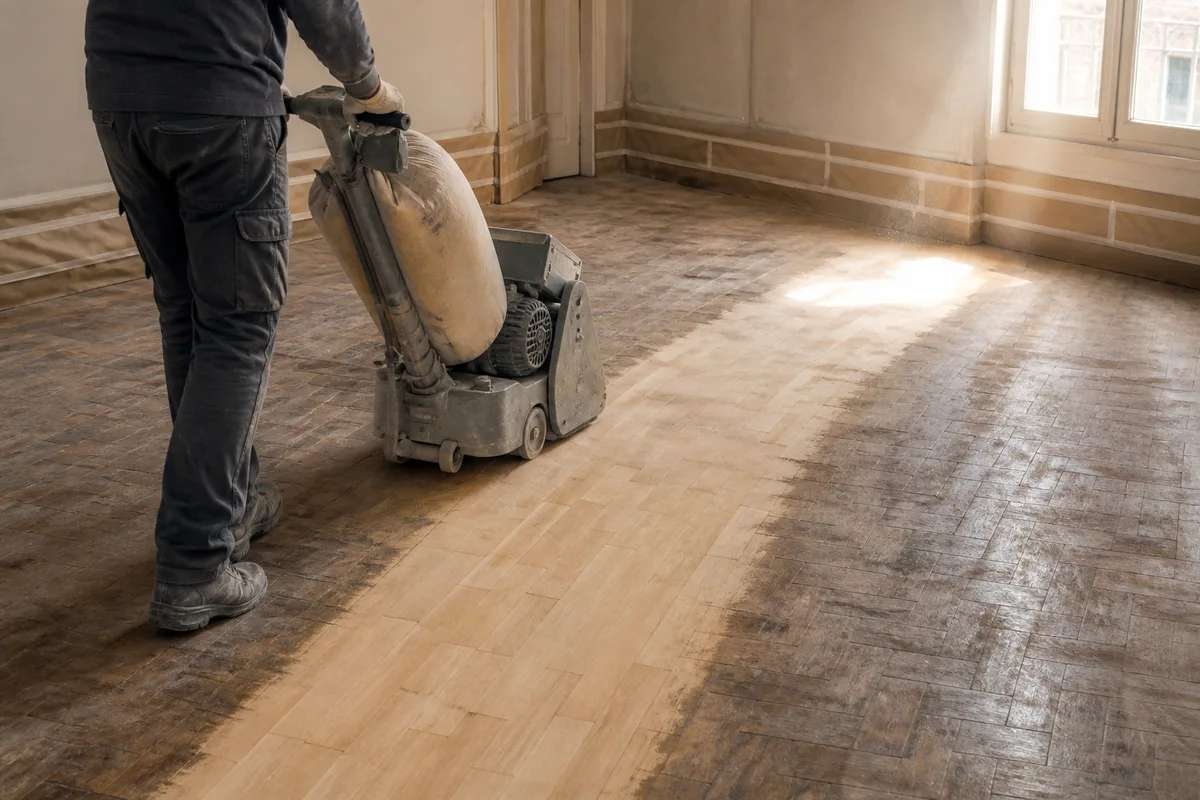 Ponceuse à bande en action sur un vieux parquet, bande claire de bois mis à nu au centre de la pièce