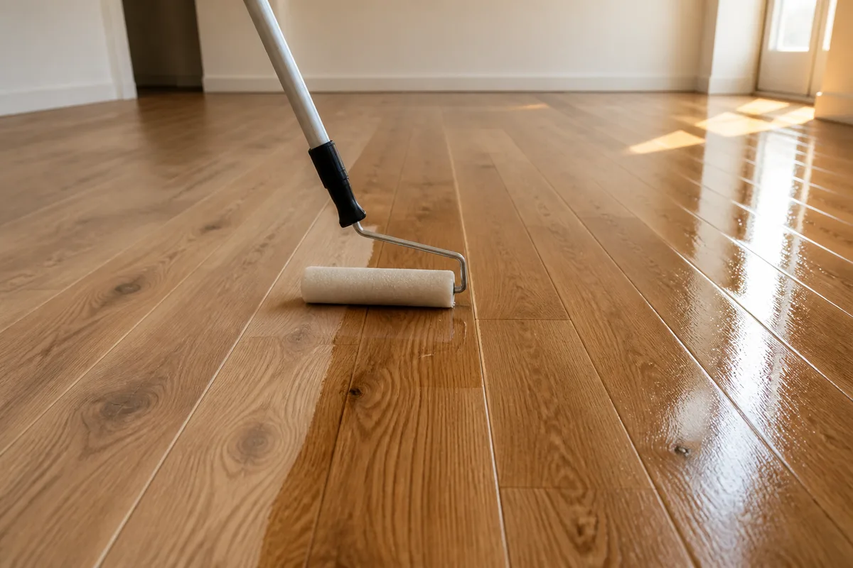 Rouleau à poils courts étalant une couche de vitrificateur incolore sur un parquet en chêne, bandes régulières dans le sens des lames