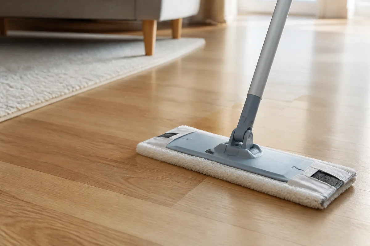 Serpillière microfibre à peine humide passée sur un parquet vitrifié satiné, entretien courant